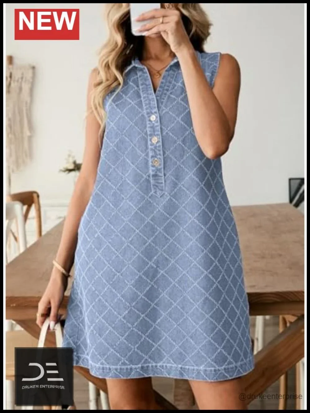Denim Dress with Pockets Sleeveless V-Neck Button Front